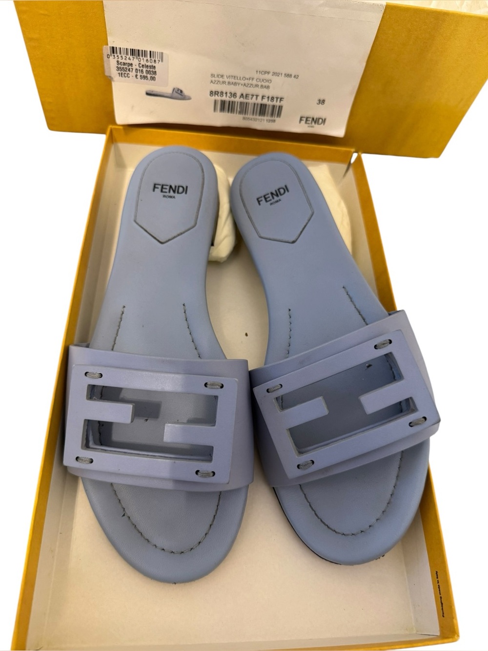 Fendi FF Baguette Baby Blue Leather Sandal Slides. Authentic!